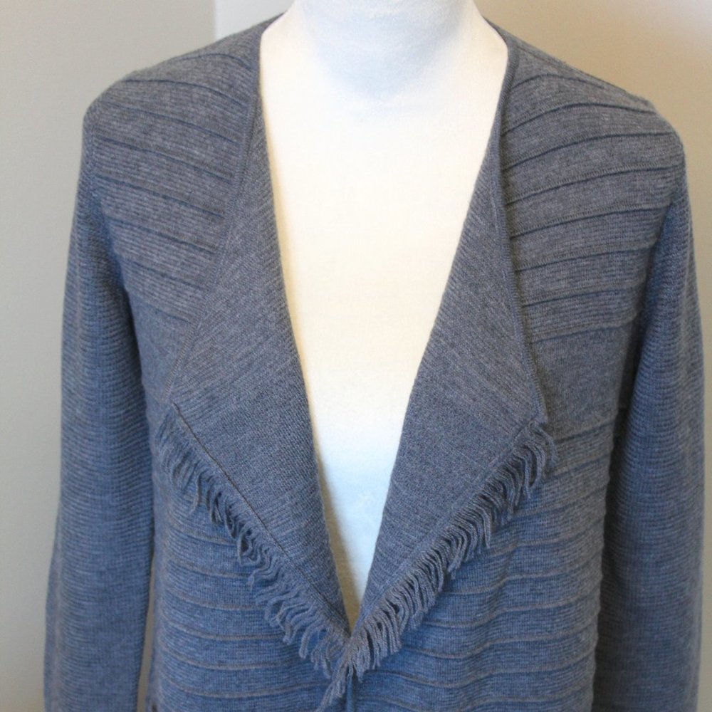 (NWT) Talbots Merino Wool Petite Grey Fringe Open Cardigan Sweater Long Tunic